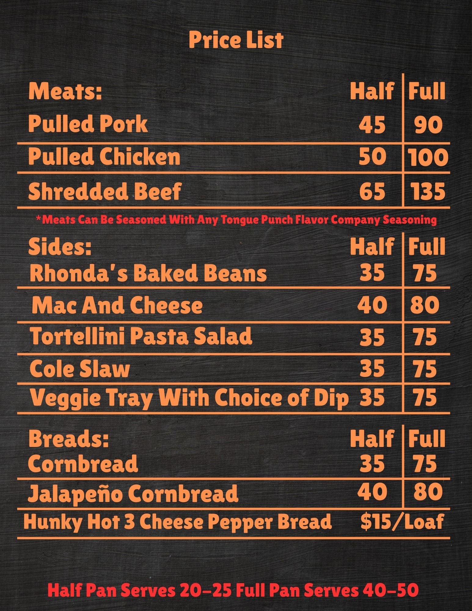 Menu with prices for meats, sides, and breads listed on a black background.