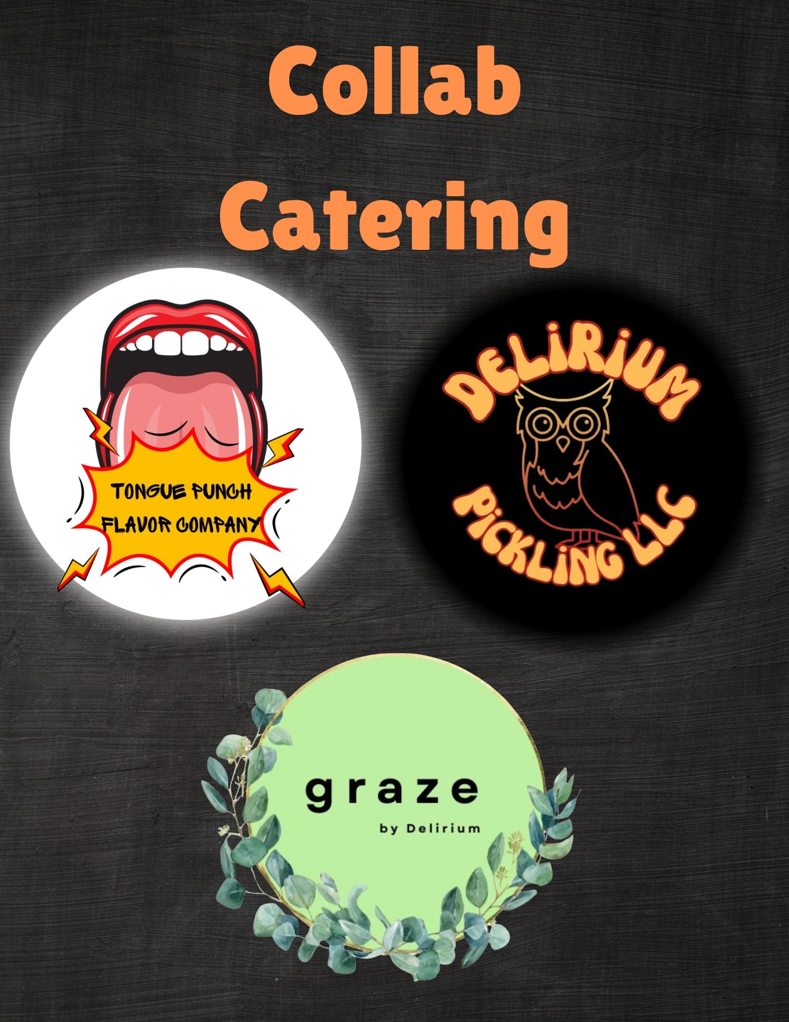 Three logos on a dark background with 'Collab Catering' text above them.