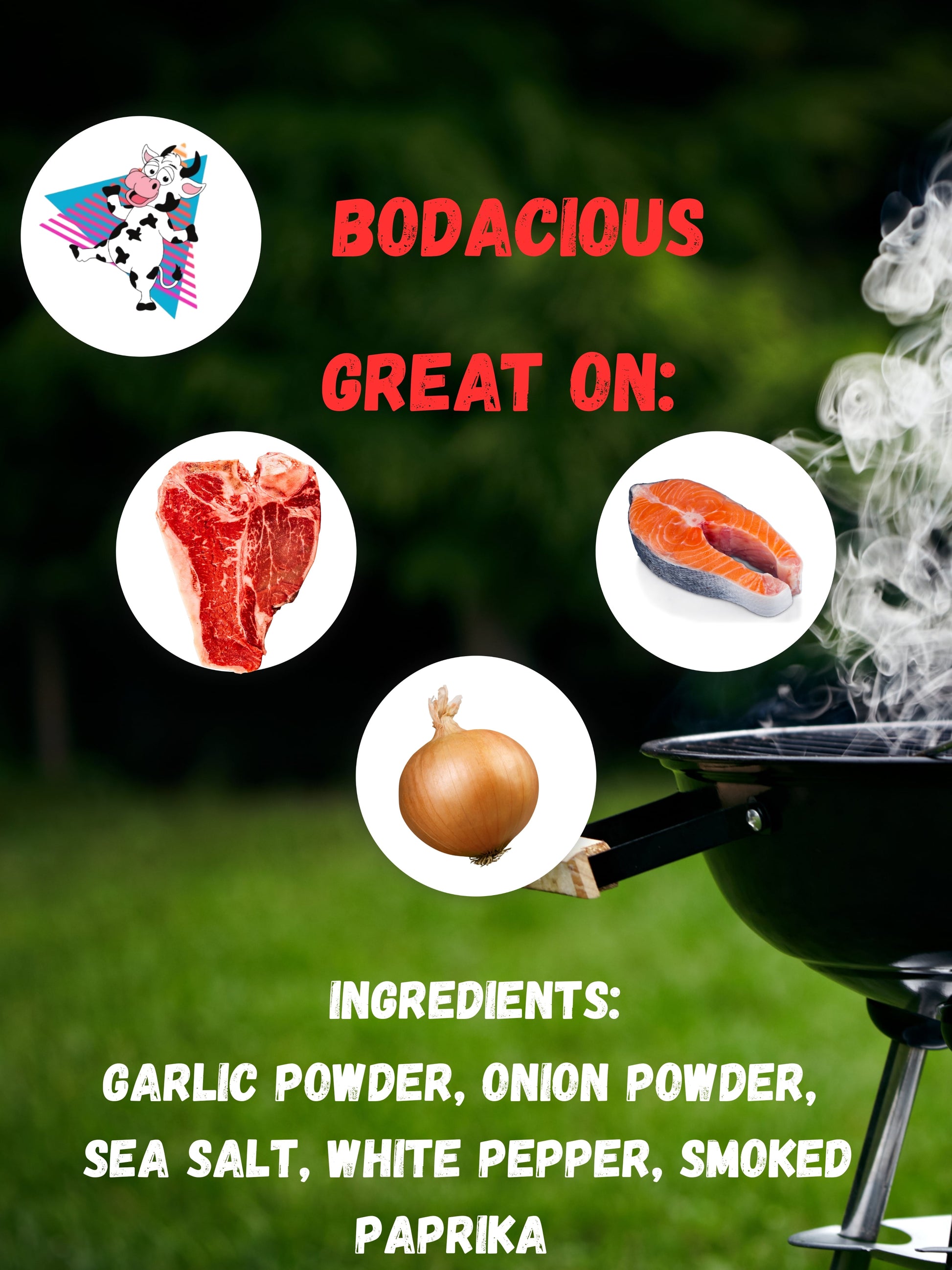 Promotional graphic for a seasoning mix with images of ingredients and a grill, set against a green outdoor background.