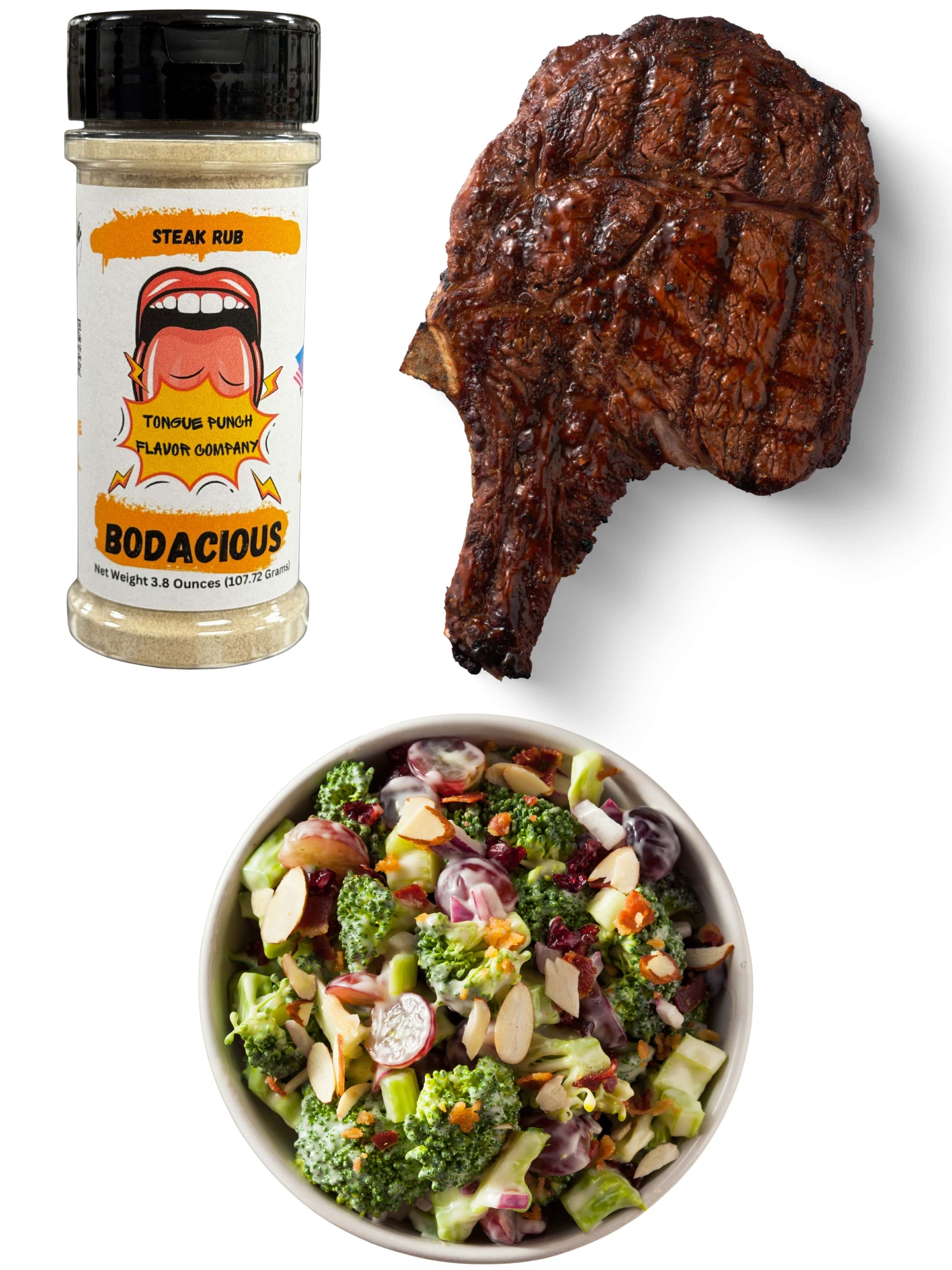 Steak rub container, grilled steak, and salad on a white background