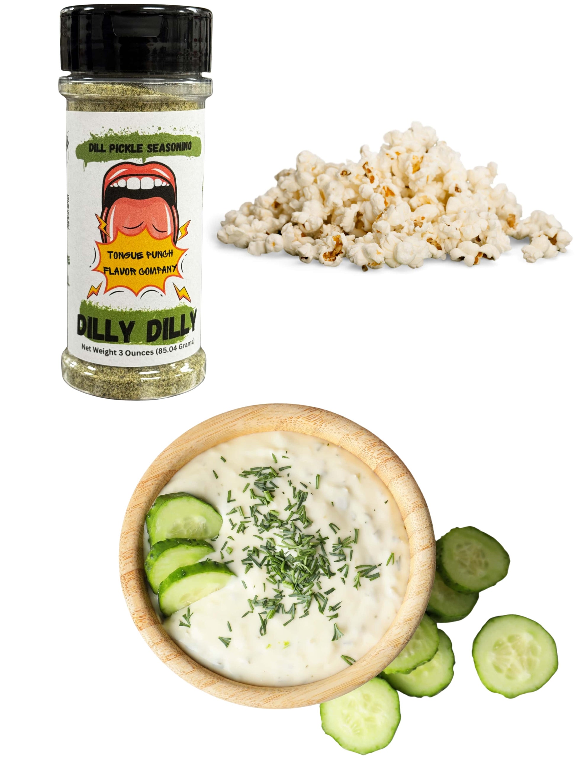 Dilly Dilly pickle relish seasoning bottle with popcorn and a bowl of dip with cucumbers on a white background