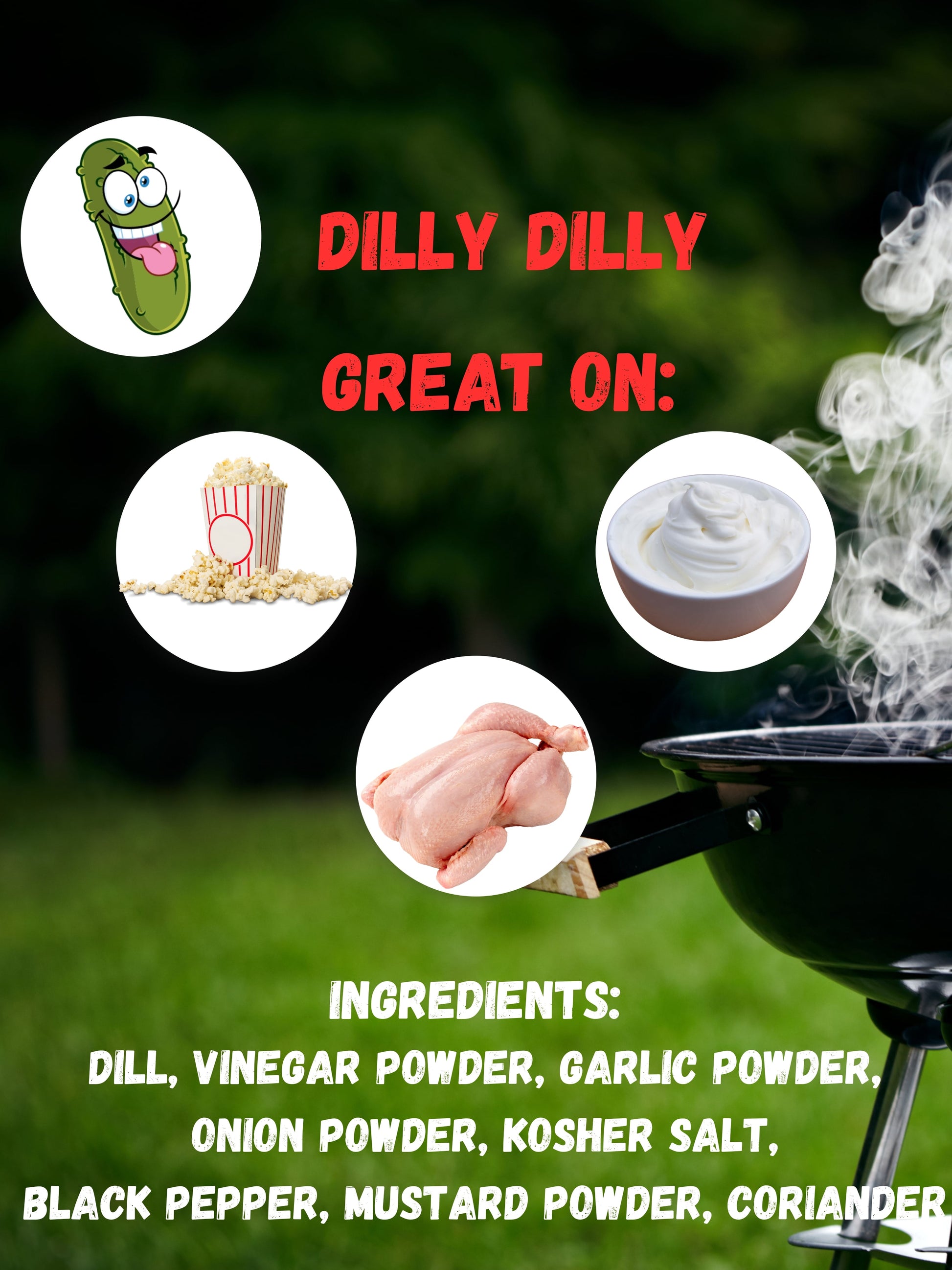 Promotional graphic for a product with text and images of ingredients and uses on a green background.