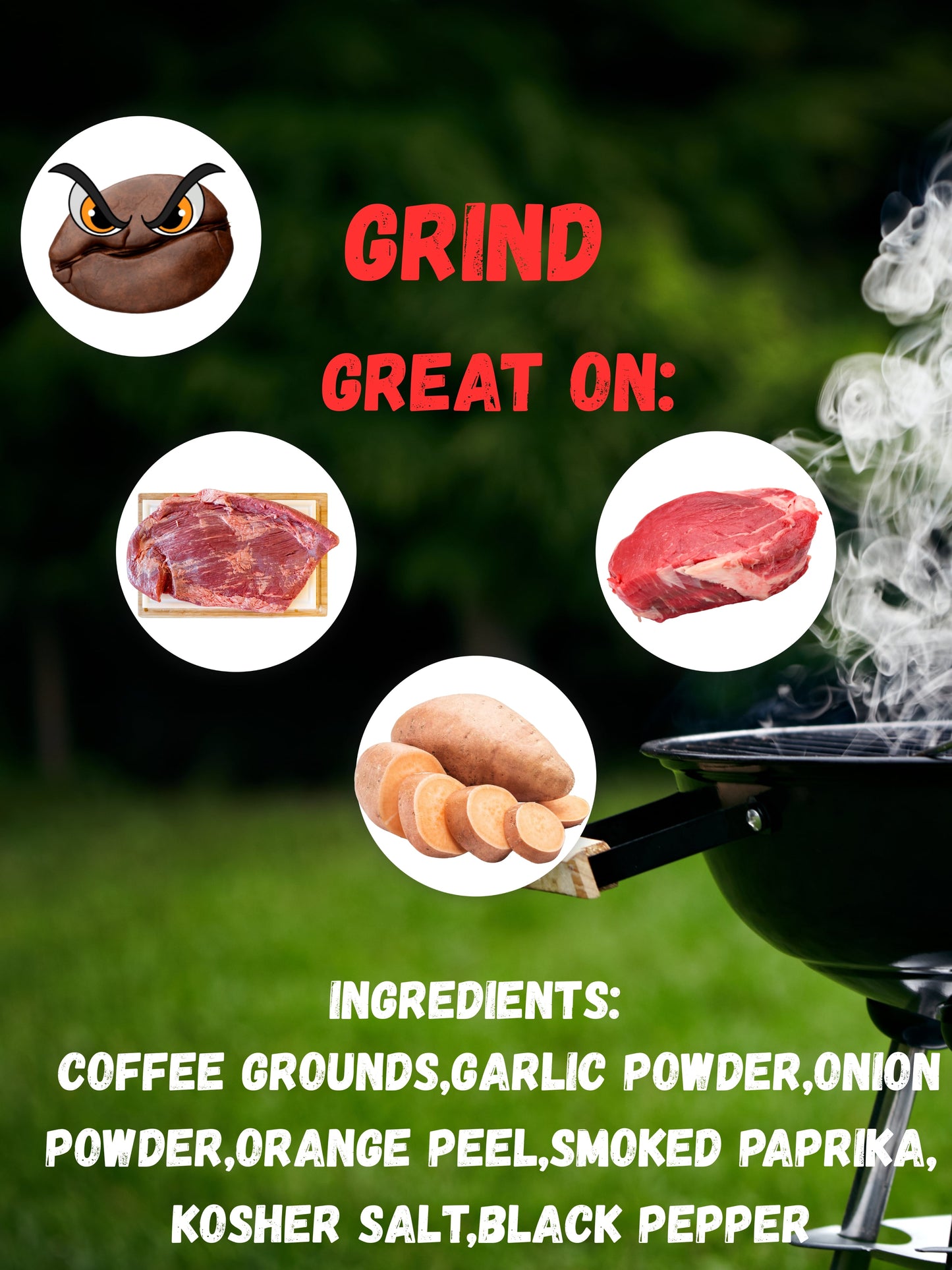 Promotional graphic for a meat grinder with ingredients listed and a grill in the background.