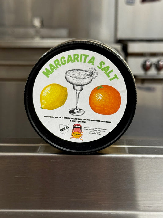 Margarita salt container with lemon and orange illustration on a metallic surface