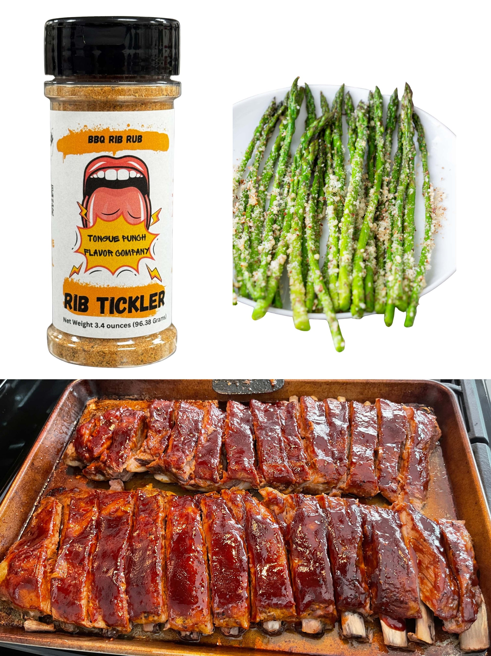 Spice jar labeled 'Rib Tickler' next to grilled asparagus and ribs on a baking sheet.