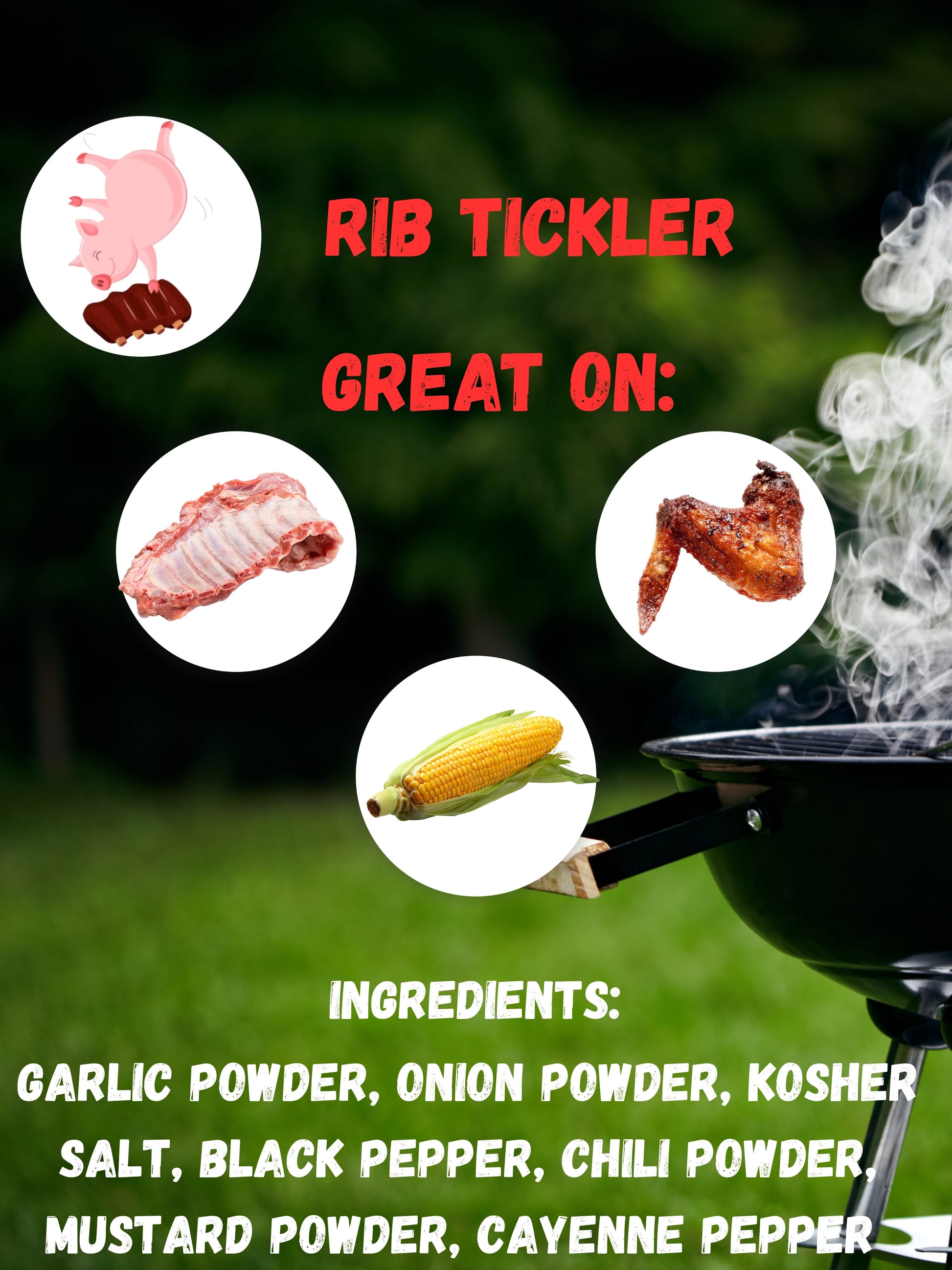 Advertisement for 'Rib Tickler' seasoning with images of meat, corn, and a grill, set against a blurred outdoor background.