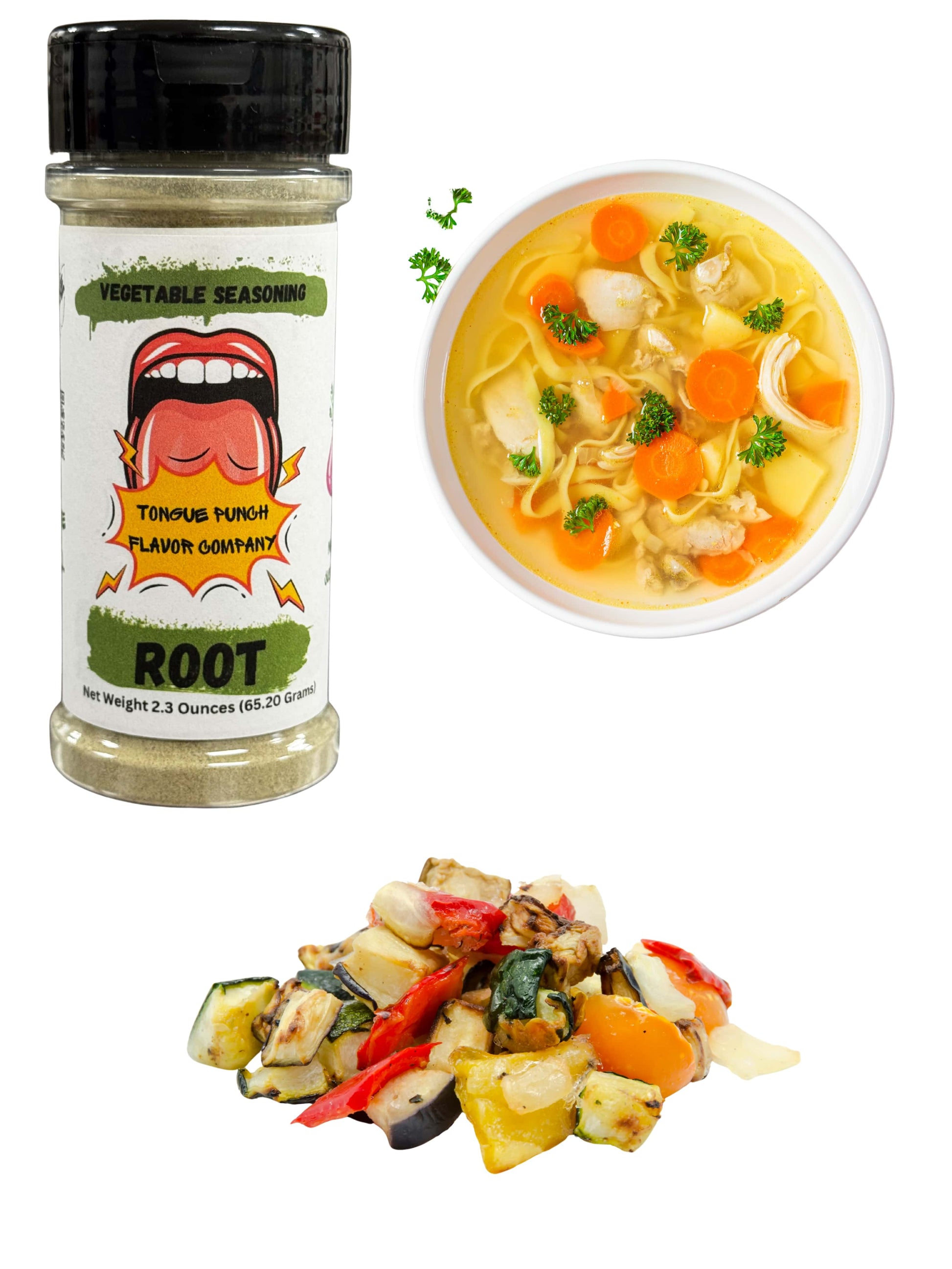 Spice jar labeled 'ROOT' next to a bowl of soup and a skewer of vegetables on a white background