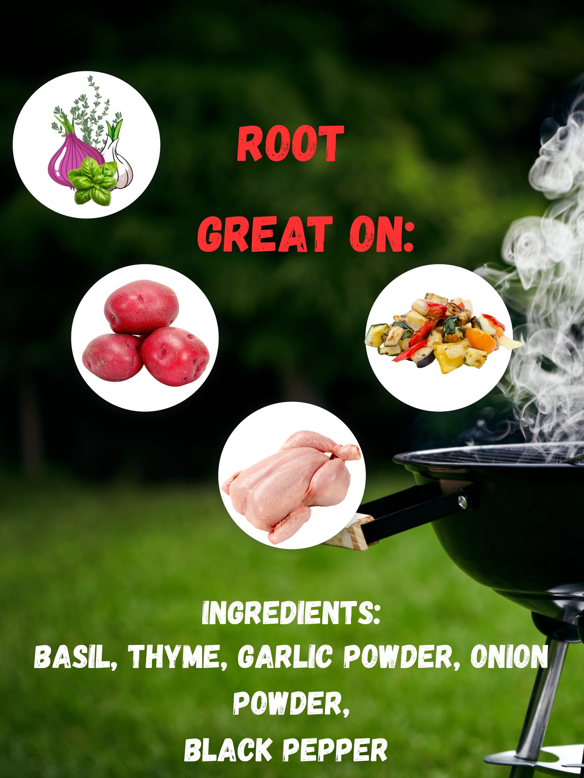 Promotional graphic for a seasoning mix with images of herbs, vegetables, and a grill, set against a green outdoor background.