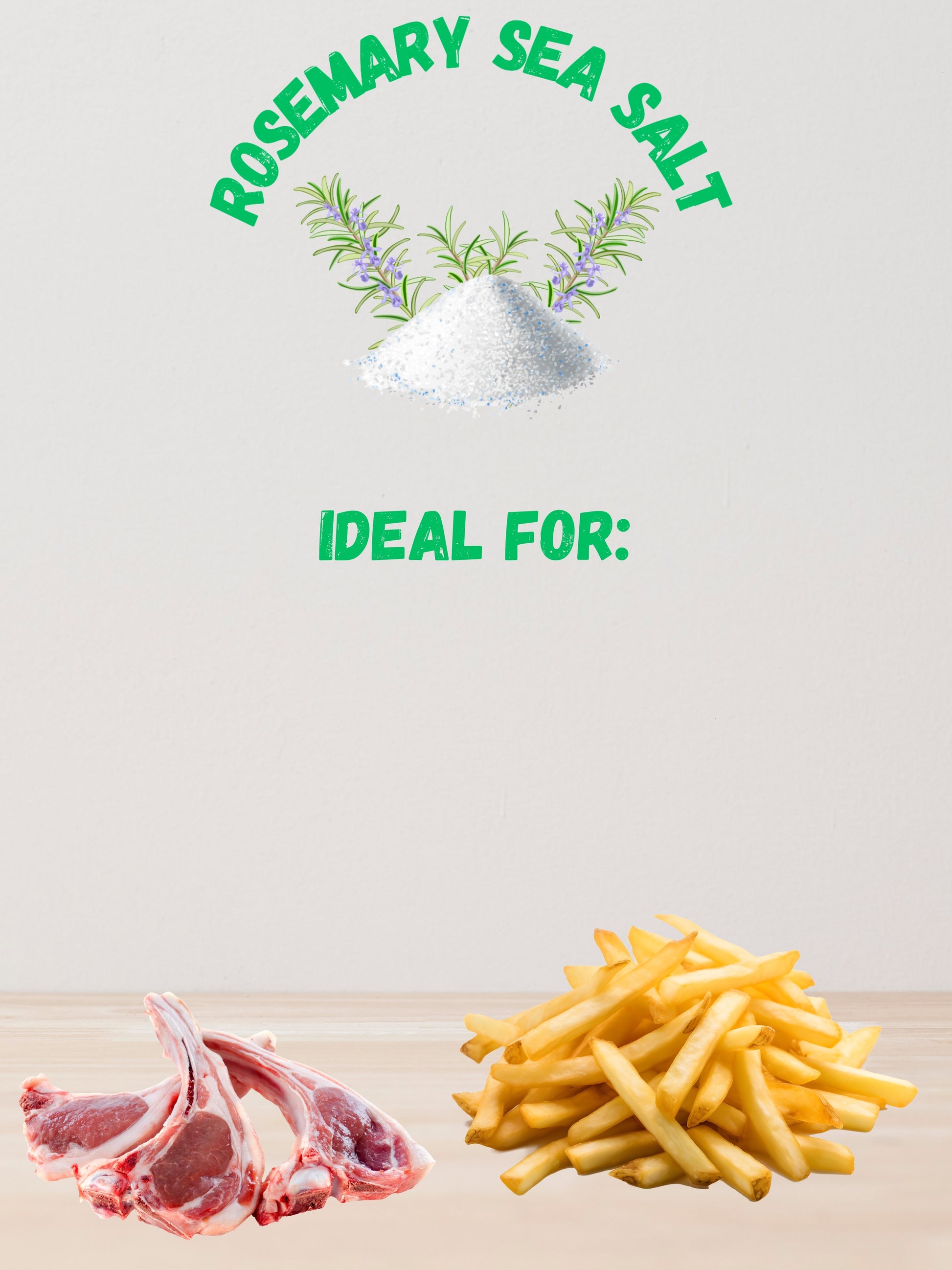 Rosemary sea salt with lamb chops and fries on a light background