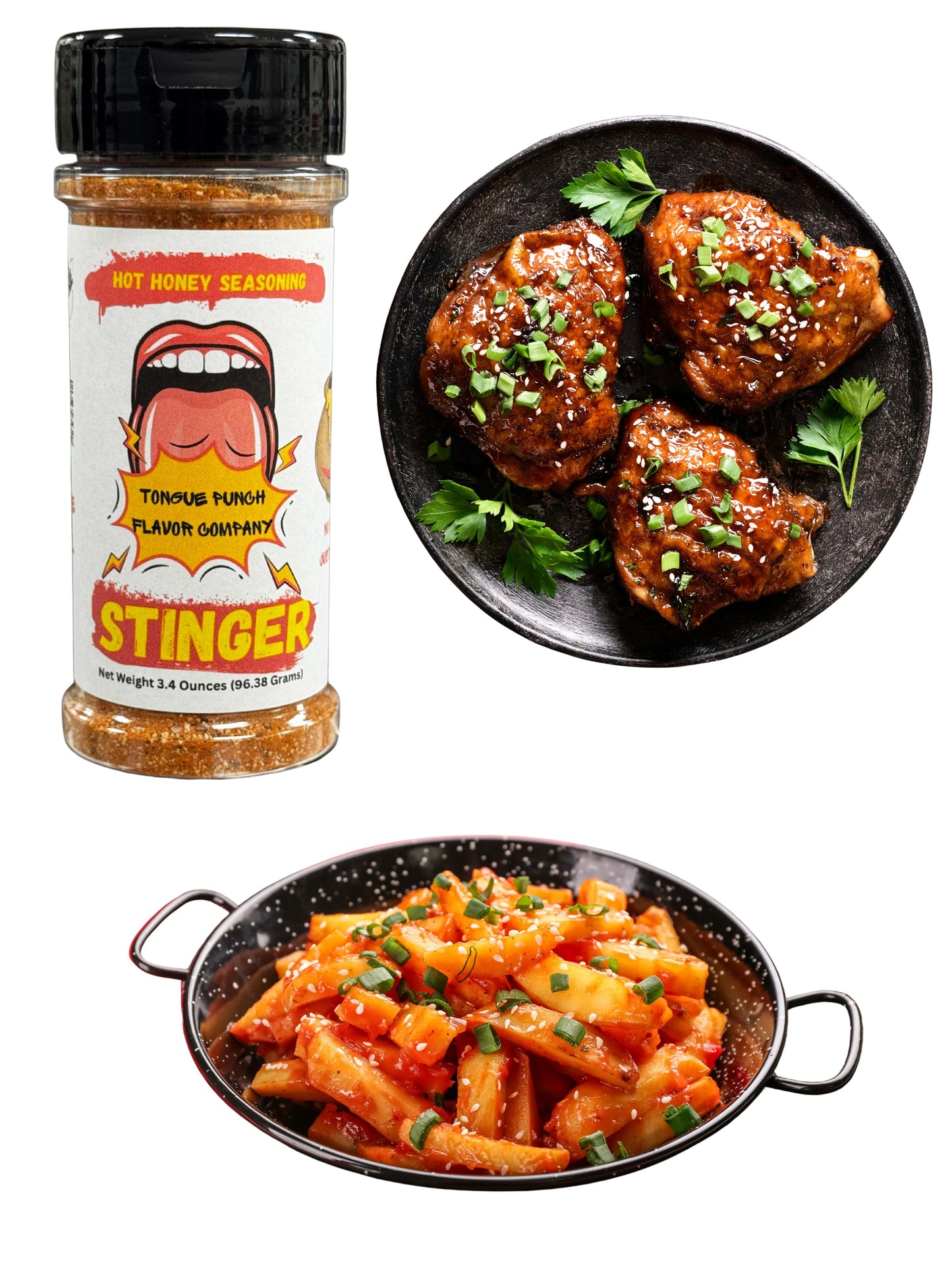 Hot honey seasoning bottle with two dishes of food on a white background