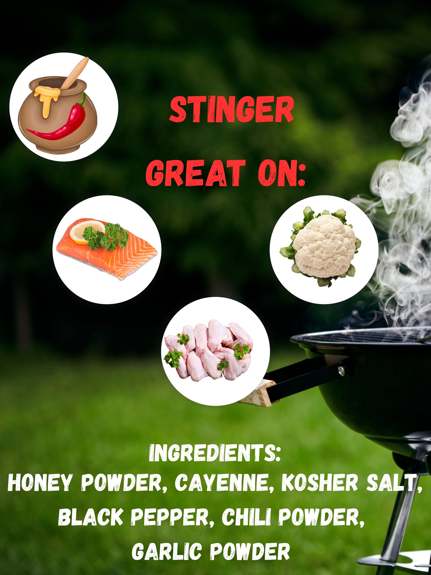 Product advertisement for 'Stinger' with images of food items and a grill, set against a green outdoor background.