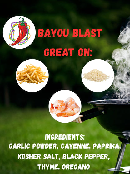 Advertisement for Bayou Blast seasoning with grill and food ingredients on a green background