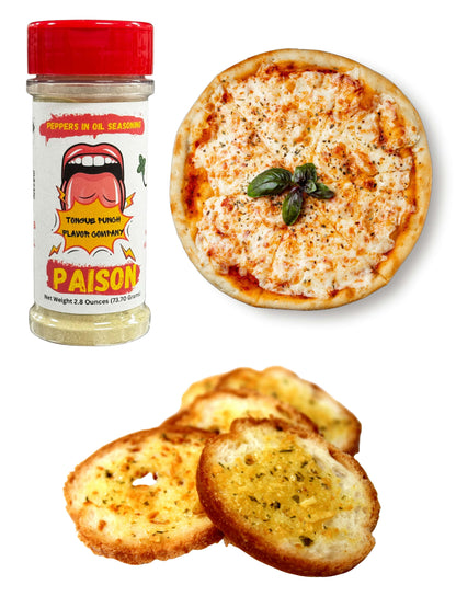 Pepper grinder labeled 'Pain of Soma' next to a pizza and garlic bread on a white background