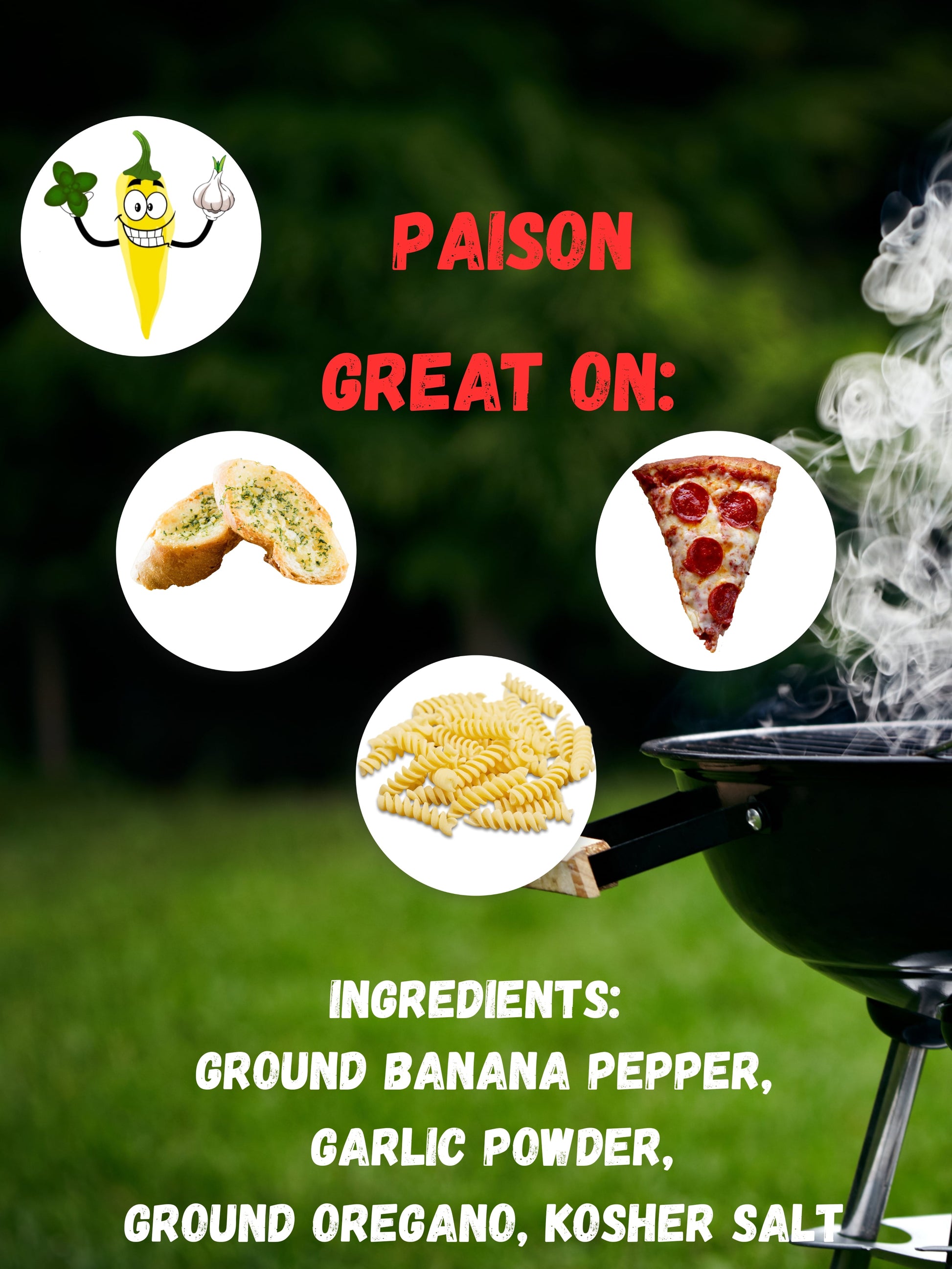 Product advertisement with a cartoon pepper character, food items, and a grill on a green background.