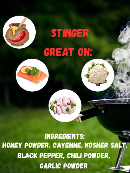 Product advertisement for 'Stinger' with images of food items and a grill, set against a green outdoor background.